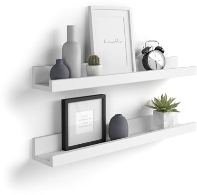 Mobili Fiver, Coppia Mensole portafoto-quadri First, 80 cm, Bianco Opaco, 80 cmx13 cmx8 cm, Nobilitato, Mensole da muro per Camera, Ingresso, Soggiorno, Ufficio, Made in Italy