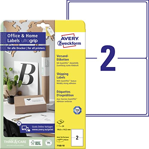 AVERY Zweckform 7168-10 Versandetiketten (20 Etiketten, 199,6x143,5mm auf A4, FSC, bedruckbare Versandaufkleber mit ultragrip, selbstklebende Klebeetiketten, DHL, ideal fürs HomeOffice) 10 Blatt, weiß