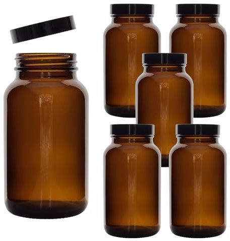 6 Pcs Amber Glass Jars - 250ml Wide Mouth Container for Storage with Airtight Black Lids – Multipurpose, UV Protective - Ideal for storing herbs, spices, health supplements, small craft items