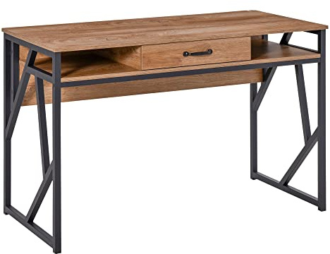 HOMCOM Bureau Style Industriel Tiroir 2 Niches 120L x 60l x 76H cm Noir | Piètement Métal, Plateau, pour Étude, Aspect Bois Noyer