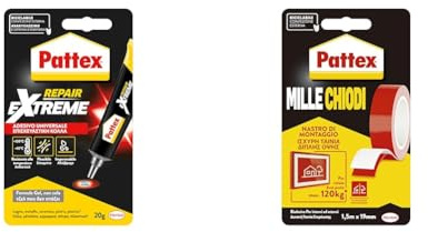 Bundle Pattex Repair Extreme Super colla, Colla trasparente multimateriale per interni ed esterni, 20g & Pattex Millechiodi Tape, Nastro biadesivo extra forte applicazioni permanenti, 19 mm x 1,5 m