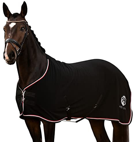 EQUILYX® Abschwitzdecke Pferd mit Kreuzgurten [perfekte Passform] Fleecedecke Stalldecke Transportdecke wärmend feuchtigkeitsabsorbierend atmungsaktiv (Schwarz, 165cm)