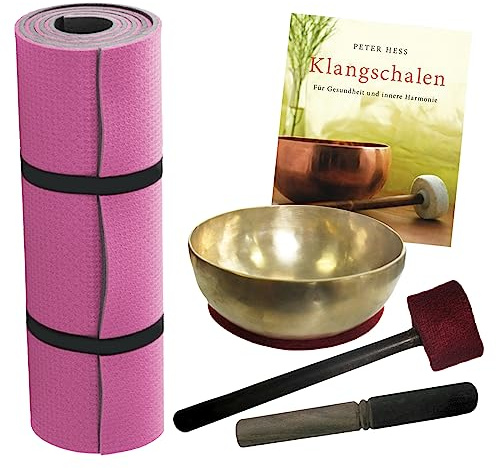 Therapie KLANGSCHALE 6-tlg KOMPLETT Set. GELENKSCHALE UNIVERSALSCHALE ca. 900-1000g Handarbeit Nepal + Fitnessmatte + Klöppel + Zubehör + Buch (Peter Hess) 70057
