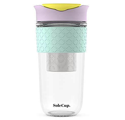 SoleCup. Large Travel Mug Loose Tea Infuser - Detachable Tea Strainer with Spill Proof Lid - 18oz/530ml BPA-Free Reusable Glass Travel Coffee Cup with Silicone Band (Ice Cream, 530ml / 18oz)