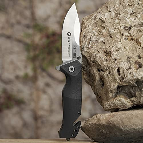 TS Tactical Store K25 PT-109 Navaja Cuchillo plegable de bolsillo con funda y corta cinturones | Hoja de Acero inoxidable de 9cm | Cuchillo de Supervivencia, Senderismo, Camping 18234