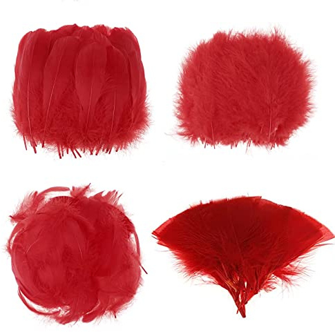 MWOOT 400 Stück Rot Federn zum Basteln Deko, 7-15CM Natur Bastelfedern, 4 Arten Federn für Traumfänger Faschingskostüme Halloween Masken Herstellung Ostereier Zubehör Dekoration, Crafts Feather