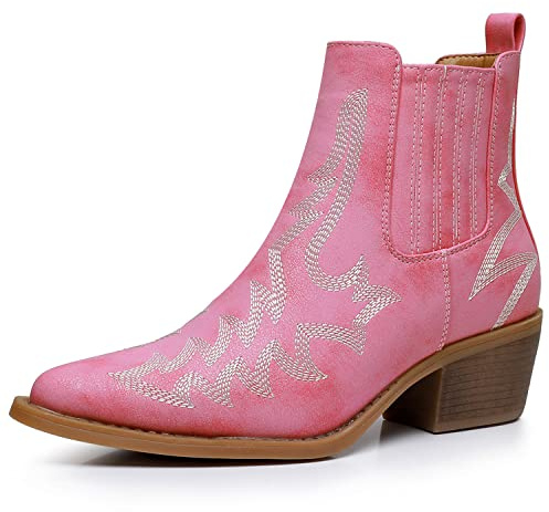 GLOBALWIN Women's Pointed Toe Boots Pull On Cowboy Ankle Booties The Western Cowgirl Boots, 23yy05 Pink, 6 UK