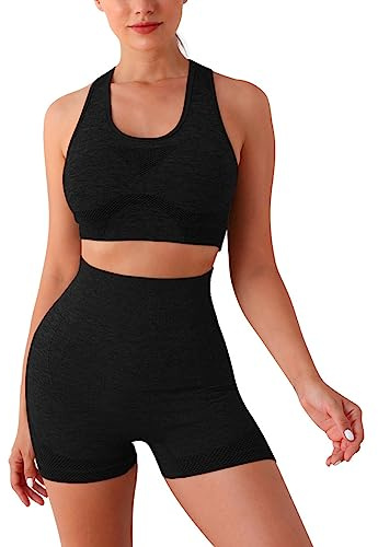 TOEECY 2 Pièces Survêtement de Sport pour Femme Ensembles Soutien-Gorge Débardeur Crop Top Taille Haute Shorts Sport Legging Fitness Jogging Sportswear de Yoga Gym Outfit (L/XL)