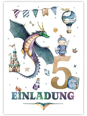 Minkocards 12 Einladungskarten zum 5. Kindergeburtstag Junge Ritter Drache Einladungen zum fünften Geburtstag Kinder bunte Geburtstagseinladungen
