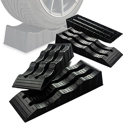 CHROMEMASTER | Rampas para Coches, Calzos Autocaravana, Calzos Camper, Cuñas Niveladoras Caravana | Cuatro Piezas en un Conjunto | Nivelan su Vehículo; Carga de hasta 4 Toneladas; Plástico Resistente
