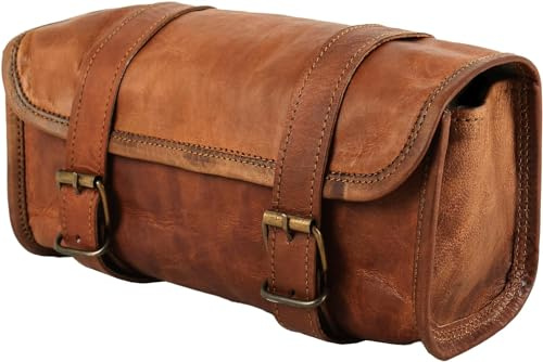 american blue Vintage-Motorradtasche aus echtem Ziegenleder, 2-Riemen-Schnallenverschluss, braune Werkzeugtasche, Schnellverschluss, verstärkt, für Lenker, Gabeln, Leder-Fahrradtasche (Muster 1)