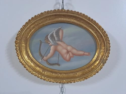 Generico Bild Engel - Putto - Öl auf Leinwand Rahmen Holz oval Blattgold 18 x 23 cm