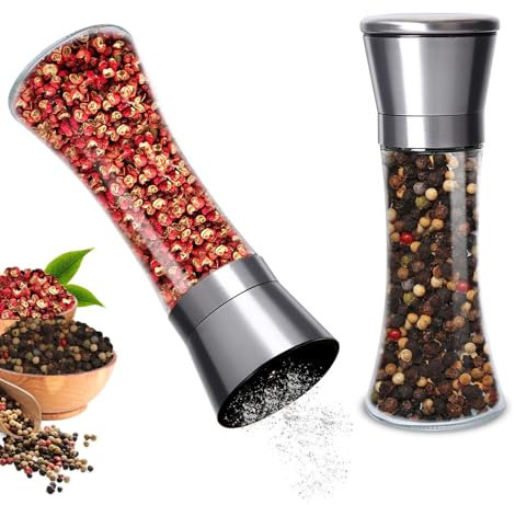 Gucass Set de Molinillos de Sal y Pimienta Ajustables, 2 Piezas Molinillo Manual de Acero Inoxidable con Molino de Cerámica con Grosor Ajustable, 200 ml, Ideal para Especias, Chiles