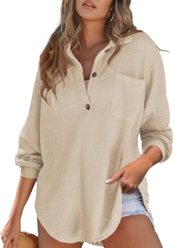 Astylish Women Oversized Waffle Shirts V Neck Long Sleeve Loose Blouses Versatile Button Lightweight Pullover Light French Beige Large