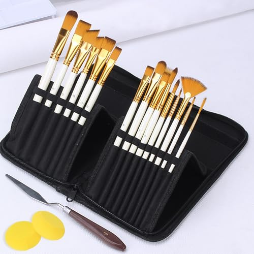 Pinselset Acrylfarben 15 Stück Pinselset, Pinsel Set für Öl, Aquarell, Gouache-Malerei, Ölmalerei-Pinsel, inklusive Pop-Up-Tragetasche mit Palettenmesser und 2 Schwämmen