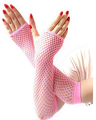 1Paar Netzhandschuhe Fischnetz Handschuhe Lang Damen Fingerlose Handschuhe 80er-Jahre Retro Party Disco Maskerade Kostüm Zubehör Netz-Fischnetz-Punk-Spitzen-Handschuhe (Pink, One Size)