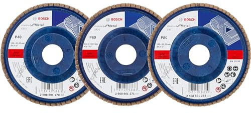 Bosch 3 tlg. Fächerschleifscheiben Set X431 Standard for Metal (für Stahl, Gusseisen, Stahlblech, Gerade, Ø 115 mm, Körnung 40/60/80, Professional Zubehör Winkelschleifer)