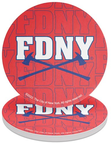GRAPHICS & MORE FDNY Axe Pattern Round Ceramic Coasters, Set of 2, 3.9 Ceramic Stone & Cork Base, Drink Coaster for Tabletop Protection