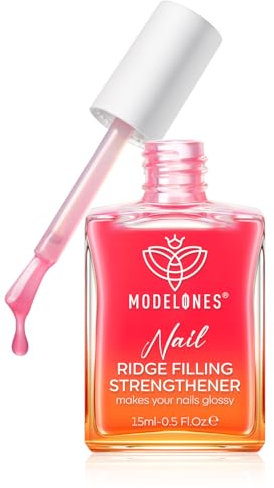Modelones Nail Care 8 in one Ridge Filling Strengthener Treatment, Nail Polish Strengthener for Damaged and Weak Nails, Nail Hardener Extra Strong and Growth Smoothing Base Coat Rose Pink Varnish 15ml