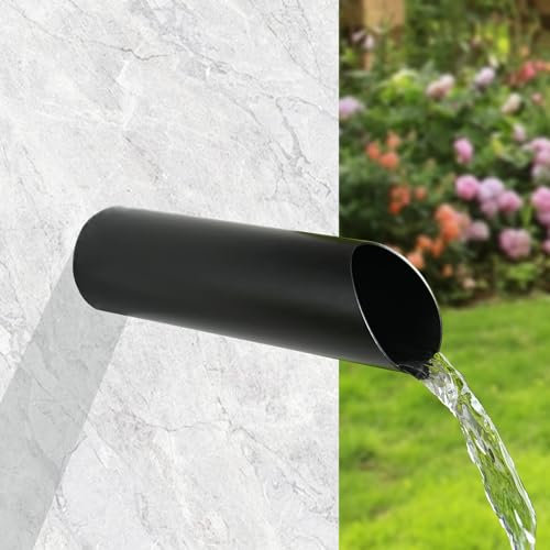 SUMGREEN 316 Nickel gebürsteter Edelstahl, 3,1 cm, runder Wasserbrunnenauslauf, Wasserfall-Überlauf, Gesamtlänge 20,3 cm, für Landschaftsdekoration, Pools, Teiche, Wasserwände (mattschwarz)