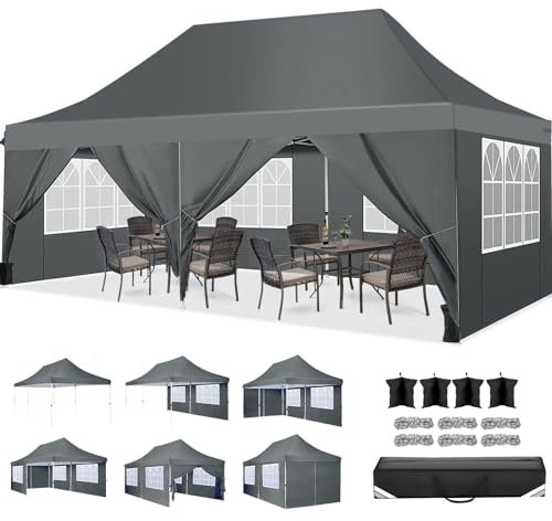 COBIZI Faltpavillon 3X6, Pavillon 3x6m Wasserdicht Stabil Winterfest, Faltbar Partyzelt mit 6 Seitenwänden & 4 Sandsack Pop up Gartenpavillon Anti-UV für Hochzeiten, Freien, Grau