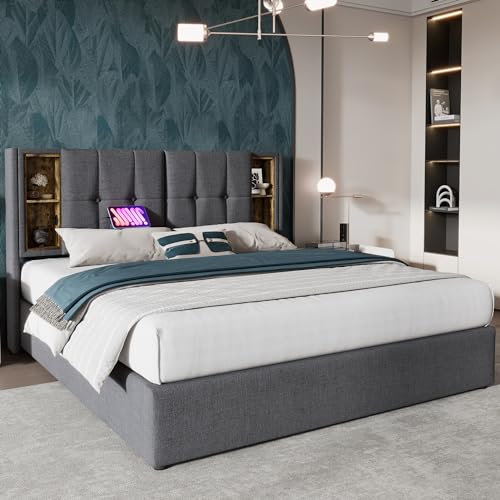 Lexiou Doppelbett mit Kabellosem Laden USB C, Polsterbett Bettgestell 180x200cm,Bettgestell mit Stauraum Lattenrost aus Holz-Grau Baumwolle (180x200cm)