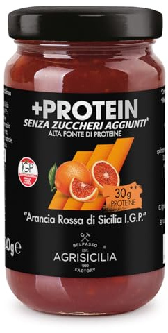 Agrisicilia +Protein Marmellata di Arancia Rossa Siciliana I.G.P. alta fonte di Proteine e senza zuccheri aggiunti con frutta di alta qualità vasetto da 240 grammi ottima per colazione e merenda