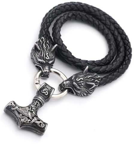 JHBTFQ Vikingos Caballeros Collar de Cuero, 50/60/70/80cm Trenzado Cuero con Acero Inoxidable Lobo Odín Mjölnir Colgante Nórdico Amuleto Joyería
