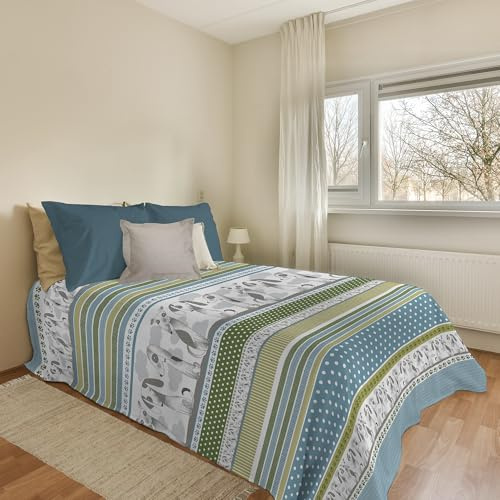 PENSIERI DELICATI Copriletto 170 x 280 cm, Telo Singolo 100% Cotone Pique, Ideale Come Telo Arredo, Coperta Salva Letto 1 Piazza, Fantasia BauBau Verde, 100% Made in Italy