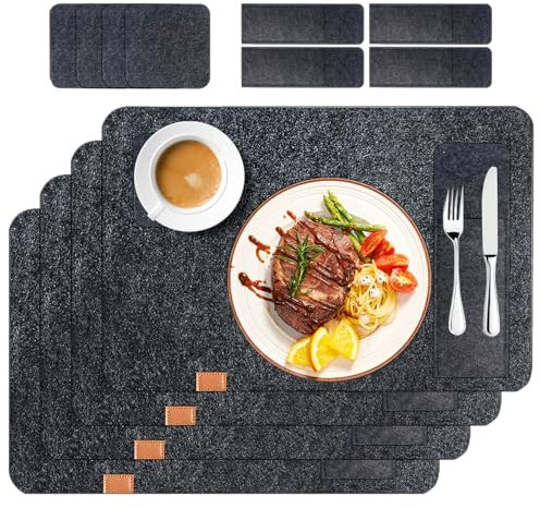 Tischset aus Filz 4er Set Platzsets Untersetzer Bestecktaschen Abwaschbar rutschfest Hitzebeständig Platzdeckchen Speisetisch Tischuntersetzer für Zuhause Küche Esstisch Deko Zubehör (Dunkelgrau)