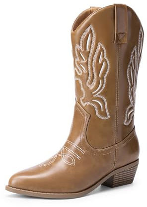 DREAM PAIRS Stivali da Cowboy Donna Stivali a metà Polpaccio da Donna Stivali da Cowgirl con Tacco Grosso Ricamati,Size 38.5,Marrone Chiaro-Pu,DWUMMB2419