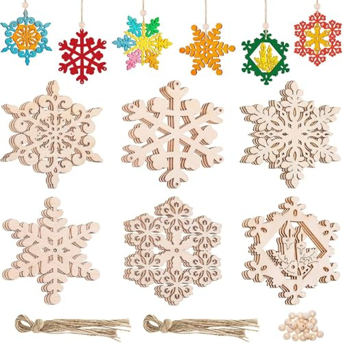 18 Stück Weihnachten Holzanhänger Schneeflocken Weihnachten Deko, Schneeflocke Christbaumschmuck Holz DIY Basteln für Deko Geschenkanhänger
