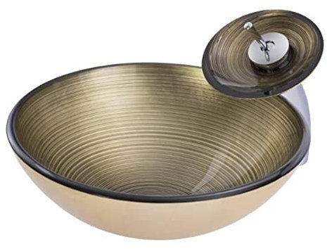 HDMOZUYT Badezimmer-Waschbecken, modern, kunstvoll, rund, aus gehärtetem Glas, Waschtisch-Schüssel mit Wasserfall-Wasserhahn und Pop-up-Ablaufgarnitur, Silber (Gold)