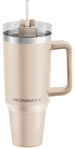 IronMaxx Tazza con manico, beige, 1,2 l, con cannuccia inclusa, design moderno e sottile, in acciaio inox, coperchio a tenuta stagna e isolamento a doppia parete, mantiene caldo e freddo