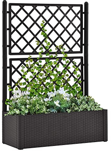 Myheimly Garten-Hochbeet mit Spalier Selbstbewässerungssystem Rattan-Design Gartenspalier Blumenkübel Pflanzkasten Rankgitter Rankhilfe Anthrazit