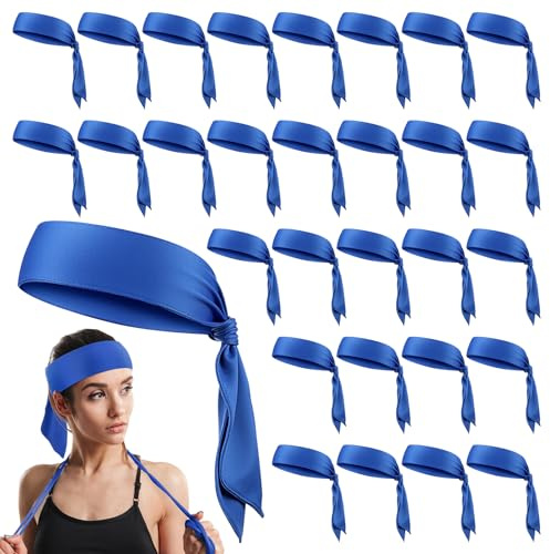 Hiboom 30 Pack Tie Headband Bulk Sports Tennis Head Tie Ninja Karate Tie Back Athletic Sweatbands Adjustable Hair Bands for Women Men Basketball, Football, Soccer, Running, Yoga Workout(Blue)