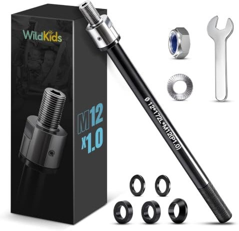WildKids Thru Axle for Bicycle Trailer M12 160-172 mm Thru Axle, Adjustable Shaft Length, Thru Axle Compatible with Thule, Qeridoo, Croozer Bicycle Trailer Couplings - With Non-Slip Nuts