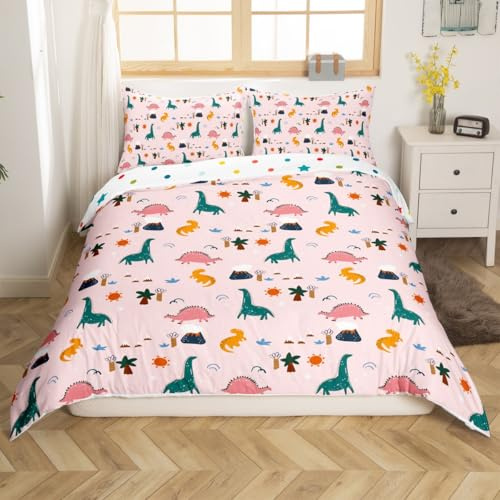 Loussiesd Dinosaurier-Daunen-Bettwäsche-Set für Kinder, Motiv: King Rose, Dinosaurier-Bettwäsche mit 2 Kissenbezügen, niedliches Tier-bedrucktes Bettwäsche-Set für Teenager-Mädchen, weiche Mikrofaser