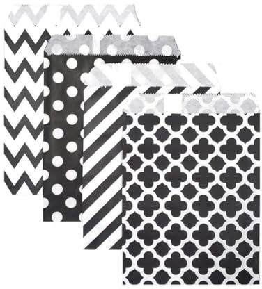 ERQIAO Lot de 100 sacs en papier kraft de 33 x 45 cm, motif vagues, bonbons, pain, rayures, trèfle, mariage, cadeau, fête de Noël (noir)