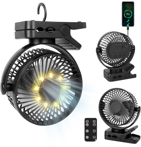 HIULLEN 12000mAh Camping Ventilator, Clip Ventilator Akku mit Fernbedienung, Wiederaufladbarer Tischventilator mit LED Licht und Timer, USB Mini Ventilator für Outdoor Camping/Kinderwagen/Haus/Büro