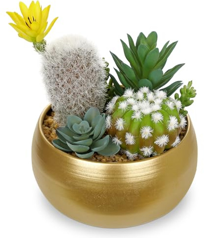 Oairse Artificial Cactus Plants Indoor, 7 Assorted Small Faux Succulent in Pots Fake Potted Desk Plant with Gold Bowl Mini Succulents Artificial Cactus Decor for Home Office Bathroom Table Shelf