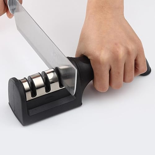 Envenzo Knife Sharpener UK Kitchen 3 Stages in 1 Manual Knife Sharpener Non-Slip - Black & Silver for Home and Professional Chefs by Envenzo