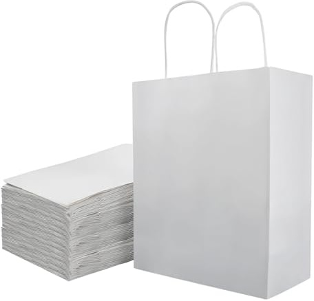 Lot de 50 sacs en papier marron avec anse - sacs cadeaux - kraft avec poignée de cordon - 21 x 11 x 27 cm - Sac Kraft pour Anniversaire Mariage Noël et Célébrations de Fête (blanc)