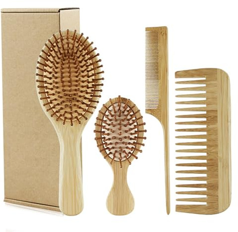 Cepille de bambú 4pcs Cepillo para el cabello de bambú de El crecimiento del cabello, incluye peine de dientes anchos, peine de cola, gran y mini paleta para brillo y salud, cuero cabelludo..