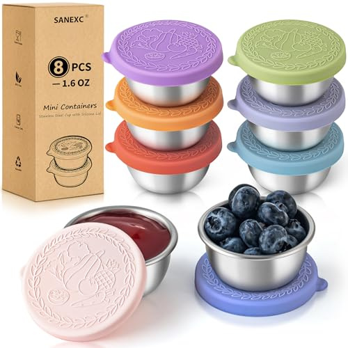 SANEXC 8 Pack - 1.6 Oz Small Salad Dressing Containers To Go, Leakproof Condiment Containers with Lids Reusable Stainless Steel Sauce Cups for Lunch Boxes Kitchen Storage Picnics Travel Meal Prep
