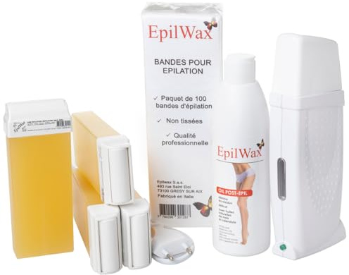EpilWax - Kit Chauffe Cire Épilation Professionnelle avec 4 x Recharges Roll on Cire Miel, 100 x Bandes d'Épilation et Huile après Épilation - Gamme Royal Basic