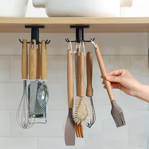 2pcs Under Cabinet Kitchen Utensil Hooks,360° Rotating Drilling Free Adhesive Utensils Hanging Rack for Tools/Towel/Knife