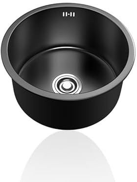 Lavello Cucina 1 Vasca Nero Piccolo,Lavabo Cucina In Acciaio Inox Rotondo con Set Di Drenaggio,Installazione Appoggio o Sottopiano (Ø 45cm)