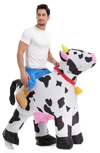 HSCTEK Inflatable Cow Costume Adult Men Women, Blow up Ride on Animal Cosplay Teen, Riding Halloween Rider Clothes Plus