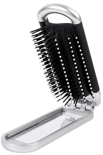 Cepillo Pelo Plegable con Espejo, Pocket Compacto Cepillo de Pelo Plegable, Mini Peine Compacto con Superficie de Espejo Plateada, herramientas de peluquería para deportes, viajes, bolso, natación